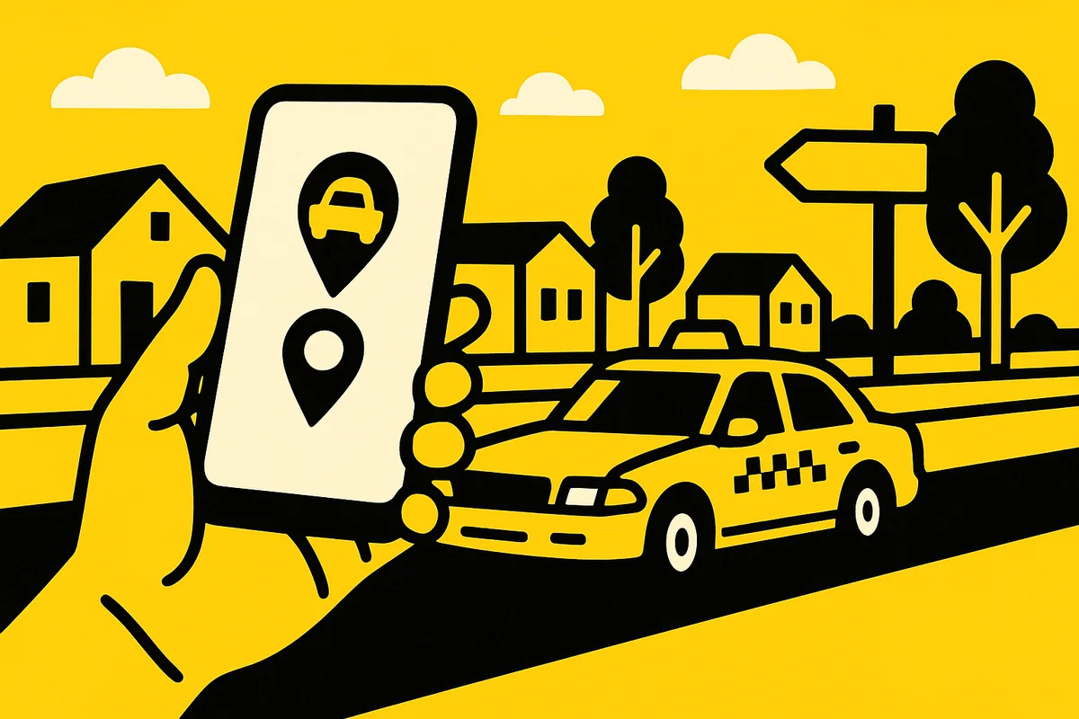 Zamawianie taksówki w Piasecznie przez telefon — żółta taksówka na ulicy miasteczka, mapa z punktami odbioru i celu kursu.