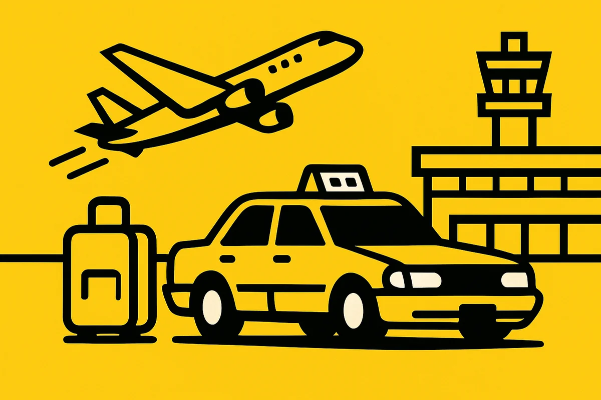 Taksówka z Piaseczna na lotnisko — żółty samochód, startujący samolot i terminal, walizka; przejazd na Okęcie ok. 17 minut, 14,6 km.