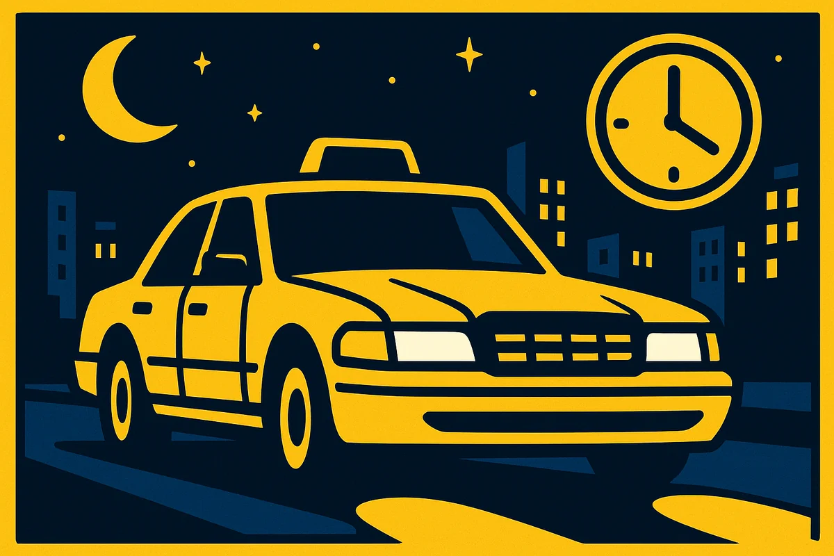 Taxi w Piasecznie nocą — żółta taksówka na nocnej ulicy z zegarem i księżycem; taryfa nocna 7,50 zł za km obowiązuje od 22:00 do 6:00.