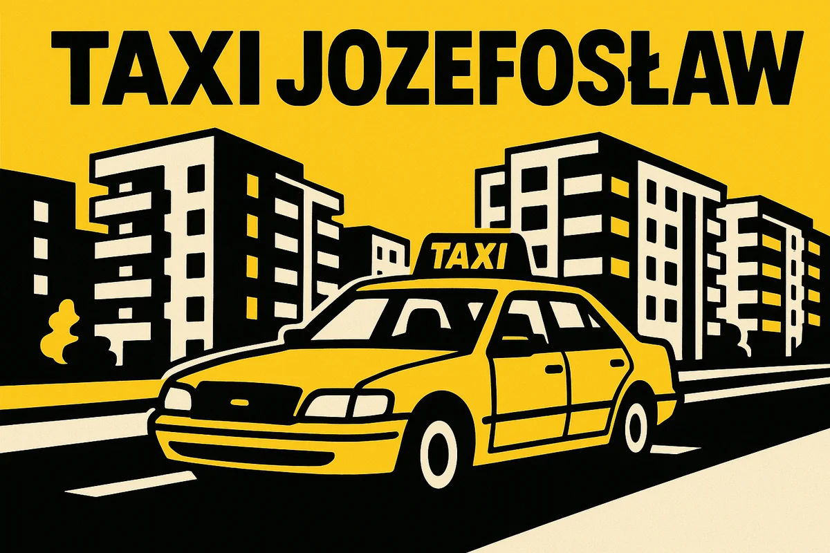 Żółta taksówka na tle bloków mieszkalnych Józefosławia z napisem TAXI Józefosław — serwis zamawiania taksówek; kurs do PKP Piaseczno ok. 7 min, na Okęcie ok. 15–25 min.