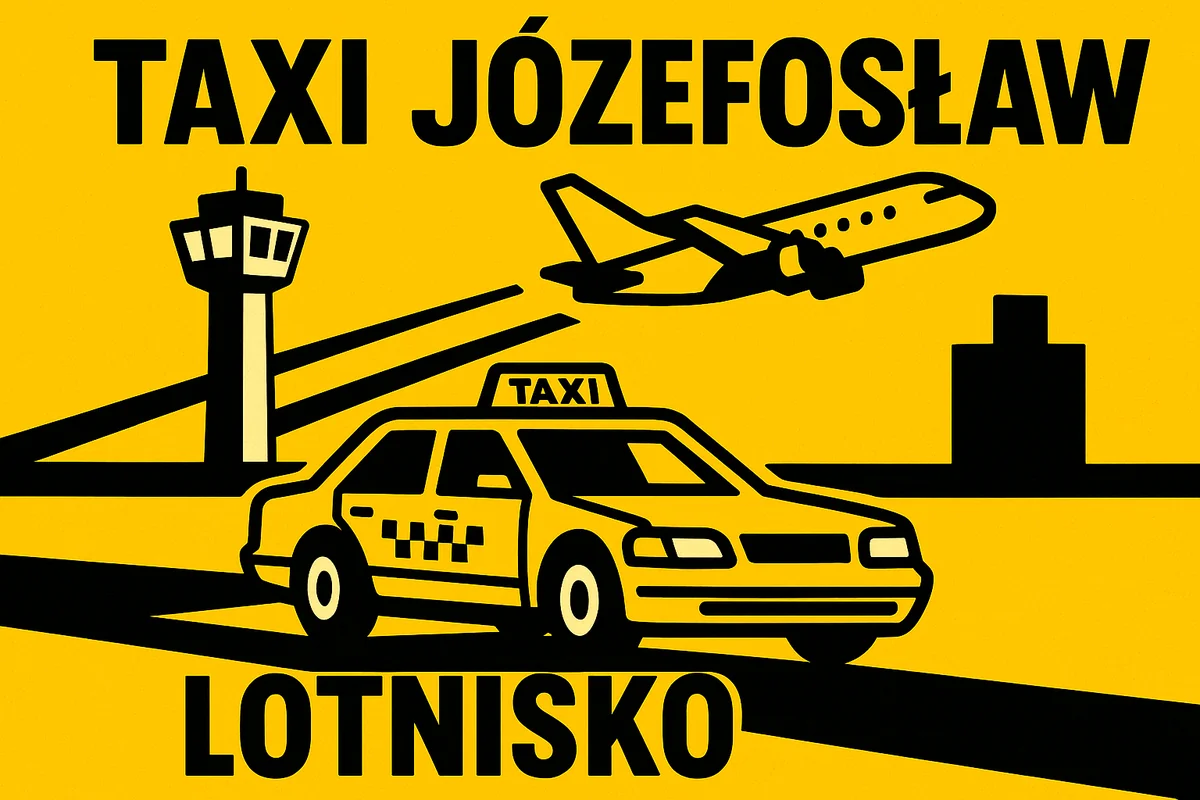 Żółta taksówka, samolot i wieża kontroli lotów z napisem TAXI Józefosław lotnisko — transfer z Józefosławia na Okęcie ok. 15 min rano, do Modlina ok. 59 km.